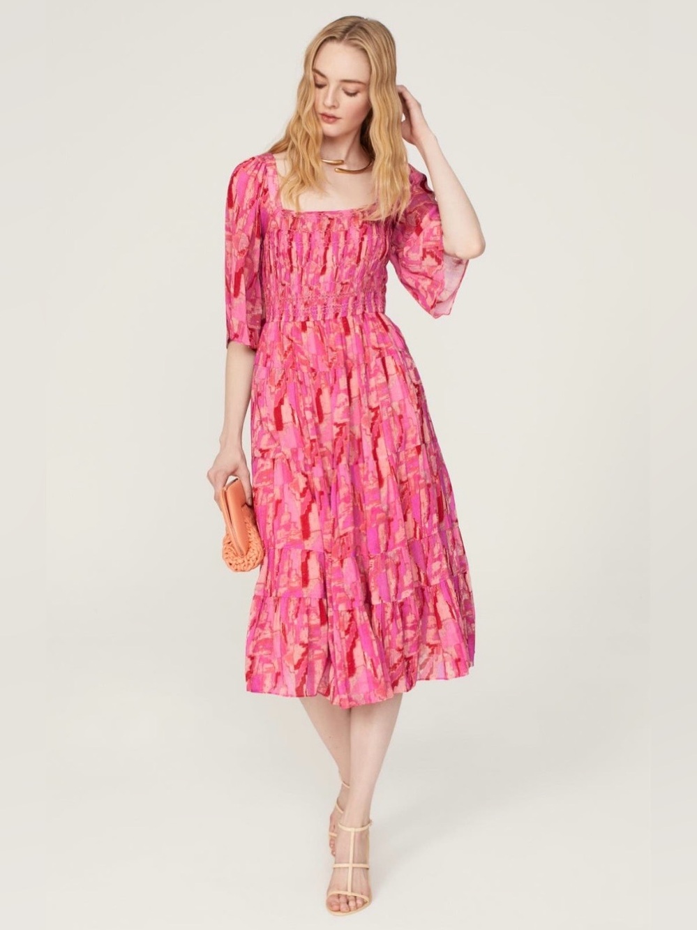 ba&sh~Bright Pink Teoli Patterned Smocked Midi Dress~Size Small~$395~